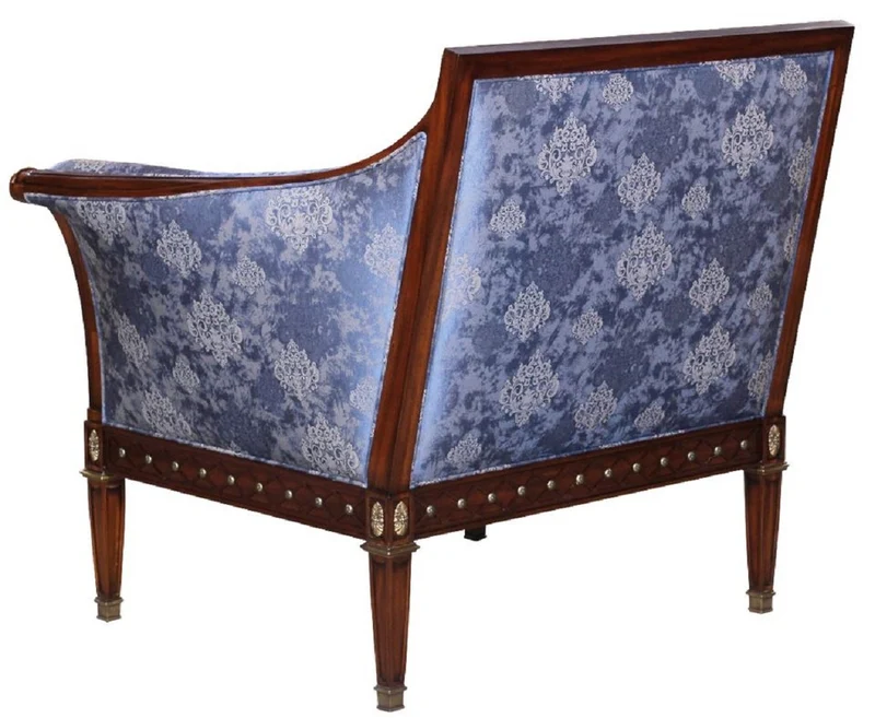 Casa Padrino Luxus Jugendstil Sessel Blau / Braun / Antik Messingfarben 112 x 89 x H. 100 cm - Edler Mahagoni Wohnzimmer Sessel mit elegantem Damastmuster - Barock & Jugendstil Wohnzimmer Möbel