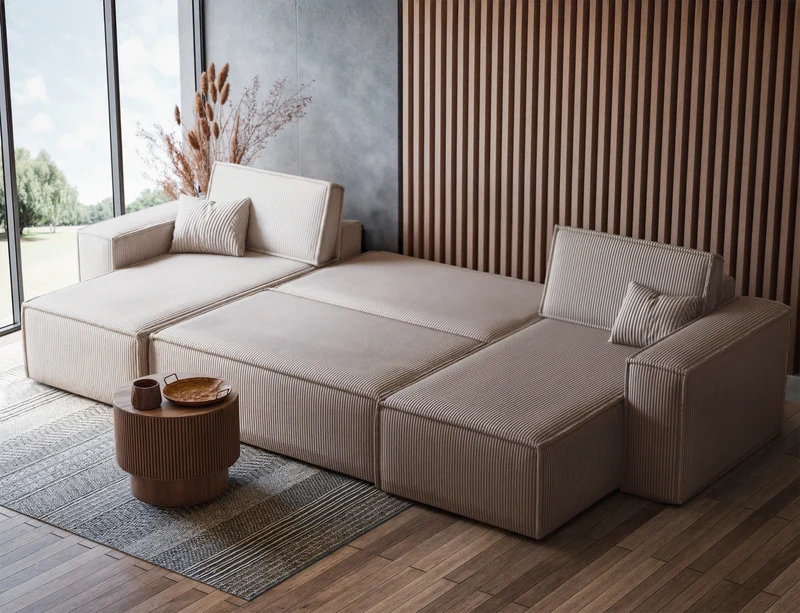 U-förmiges Ecksofa Scarlo mit Schlaffunktion, universellem Stauraum, beige Cordstoff