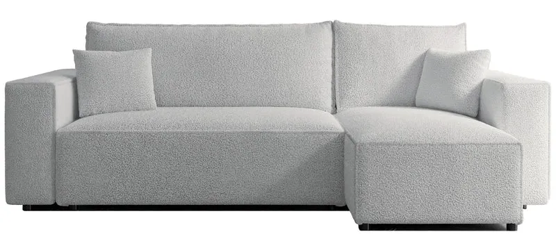 Ecksofa mit Schlafunktion Scarlo, L-förmig, universell, mit Stauraum, hellgrauer Bouclé-Stoff