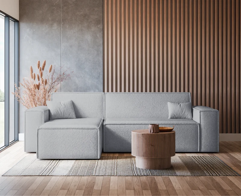 Ecksofa mit Schlafunktion Scarlo, L-förmig, universell, mit Stauraum, hellgrauer Bouclé-Stoff