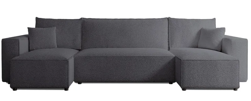 U-förmiges, universelles Ecksofa Scarlo mit Schlaf-Funktion und Stauraum, dunkelgrauer Bouclé-Stoff