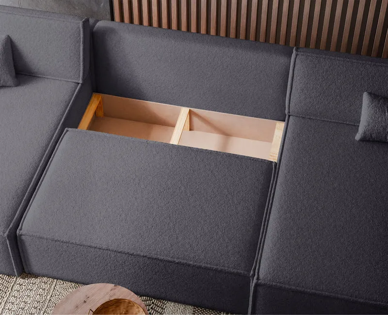 U-förmiges, universelles Ecksofa Scarlo mit Schlaf-Funktion und Stauraum, dunkelgrauer Bouclé-Stoff