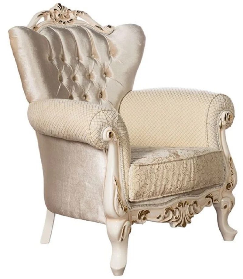 Casa Padrino Luxus Barock Wohnzimmer Sessel Gold / Creme / Gold - Prunkvoller Sessel mit Muster - Handgefertigte Barock Wohnzimmer Möbel