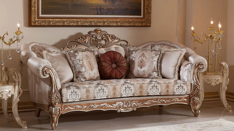 Casa Padrino Luxus Barock Sofa Grau / Kupfer / Silber - Prunkvolles Wohnzimmer Sofa mit elegantem Muster - Barock Wohnzimmer & Hotel Möbel - Edel & Prunkvoll