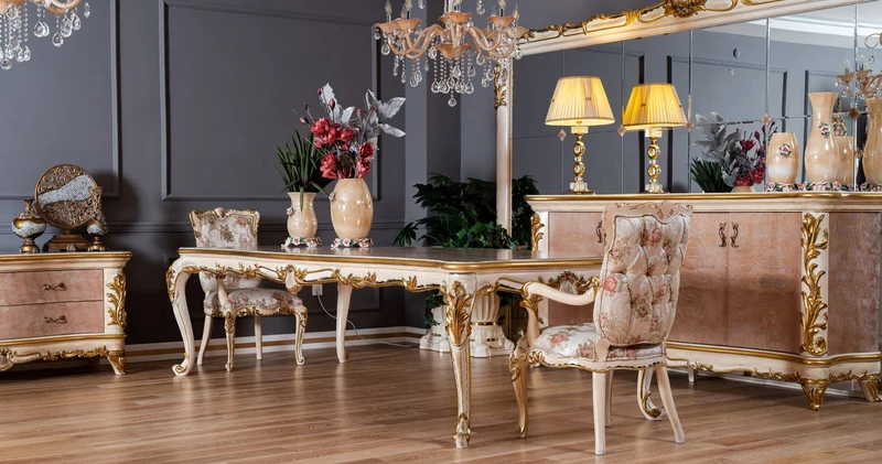 Casa Padrino Luxus Barock Esszimmer Set - 1 Barock Esstisch & 8 Barock Esszimmerstühle mit elegantem Muster - Prunkvolle Esszimmer Möbel im Barockstil