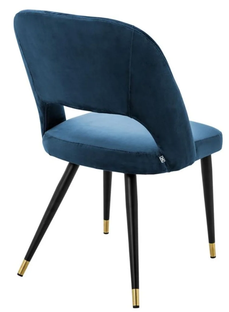Casa Padrino Luxus Esszimmerstuhl in Blau und Schwarz mit Messing Akzenten 52 x 58 x H. 85 cm