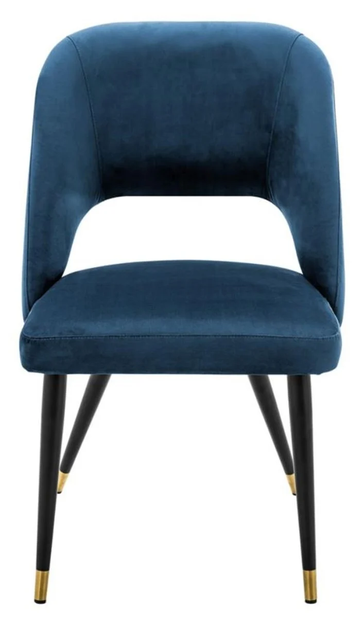 Casa Padrino Luxus Esszimmerstuhl in Blau und Schwarz mit Messing Akzenten 52 x 58 x H. 85 cm