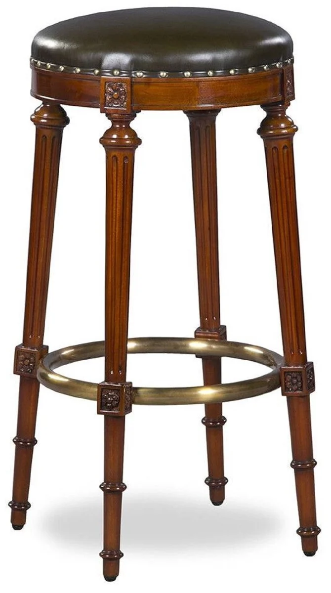 Casa Padrino Luxus Jugendstil Barhocker Braun / Schwarz / Messing Ø 36 x H. 76 cm - Runder gepolsterter Mahagoni Barstuhl mit Echtleder - Bar Möbel - Leder Möbel - Luxus Möbel - Luxus Qualität