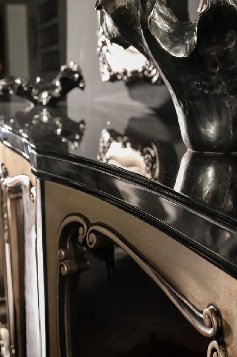 Casa Padrino Luxus Barock Möbel Set Schwarz / Silber - 1 Barock Sideboard & 2 Barock Wandspiegel - Barock Möbel - Edel & Prunkvoll