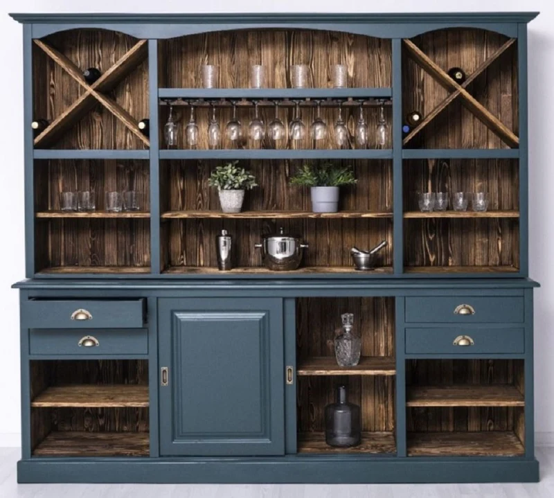 Casa Padrino Landhausstil Barschrank Blau / Dunkelbraun 240 x 50 x H. 210 cm - Massivholz Weinschrank im Landhausstil - Landhausstil Möbel - Bar Möbel im Landhausstil - Landhausstil Einrichtung