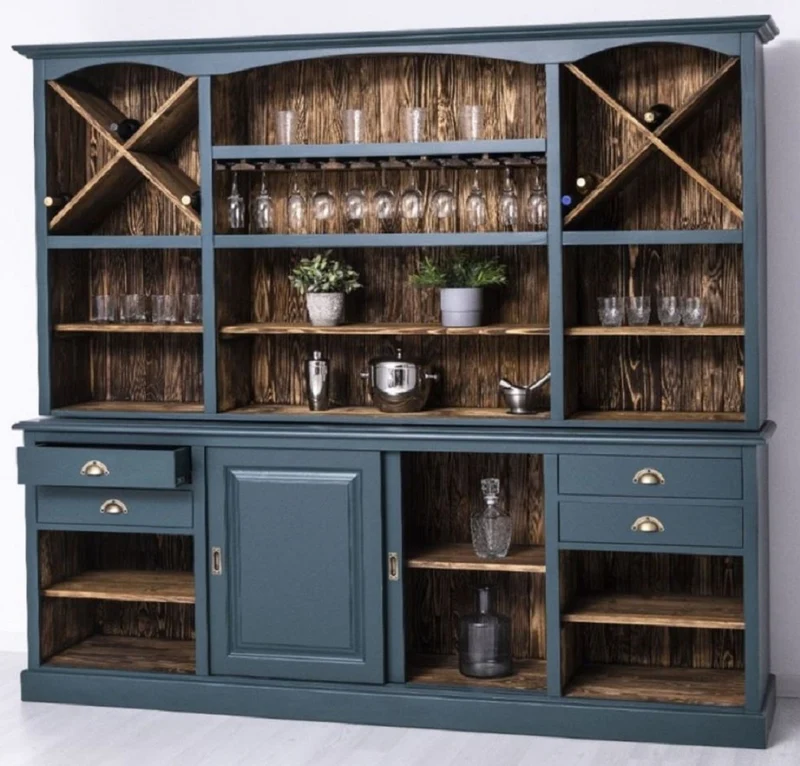 Casa Padrino Landhausstil Barschrank Blau / Dunkelbraun 240 x 50 x H. 210 cm - Massivholz Weinschrank im Landhausstil - Landhausstil Möbel - Bar Möbel im Landhausstil - Landhausstil Einrichtung