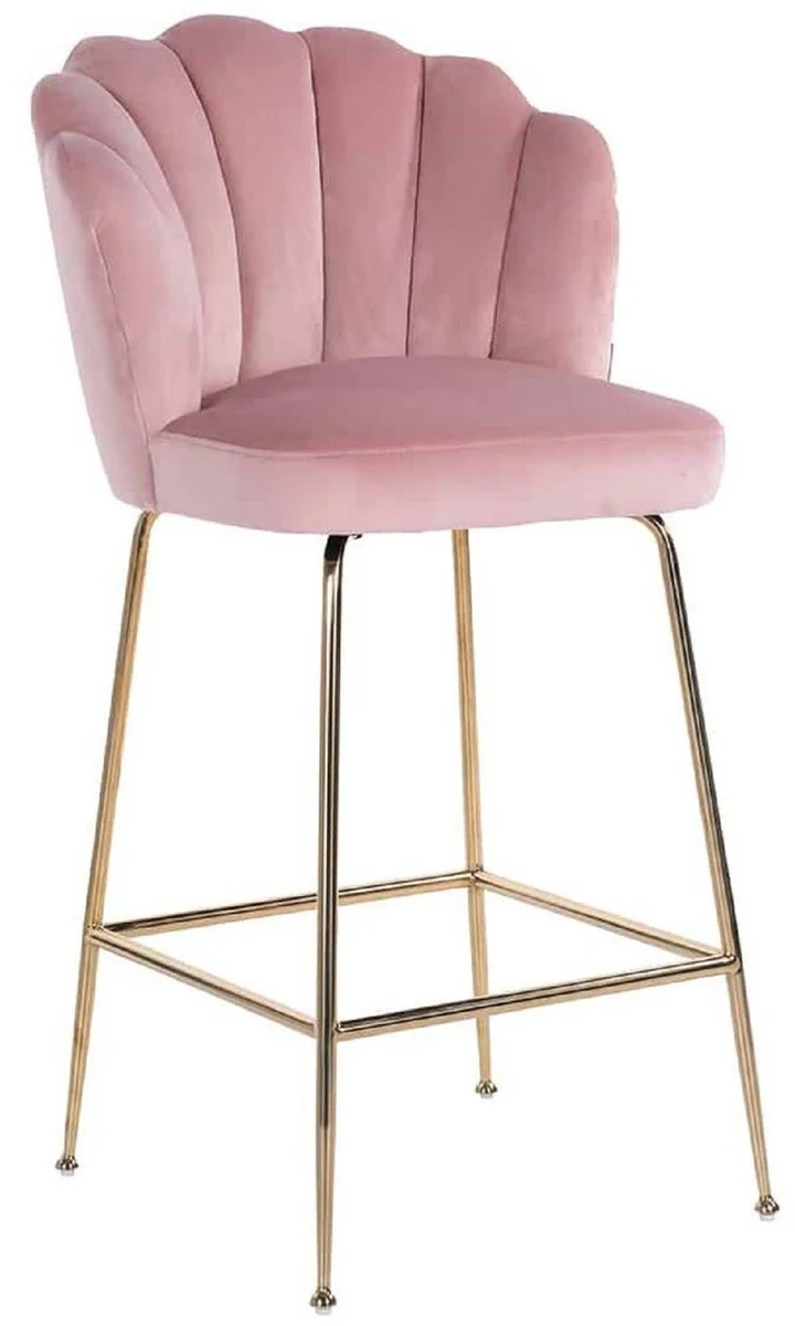 Casa Padrino Luxus Barstuhl Rosa / Gold 51 x 61 x H. 113 cm - Gepolsterter Barhocker mit edlem Samtstoff und Edelstahl Beinen - Luxus Barmöbel