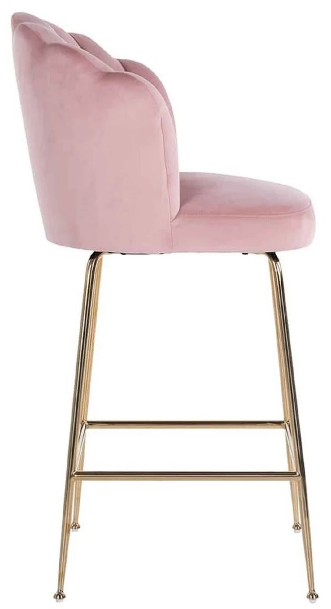Casa Padrino Luxus Barstuhl Rosa / Gold 51 x 61 x H. 113 cm - Gepolsterter Barhocker mit edlem Samtstoff und Edelstahl Beinen - Luxus Barmöbel