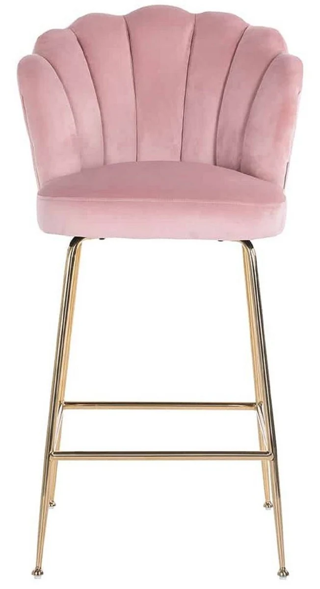 Casa Padrino Luxus Barstuhl Rosa / Gold 51 x 61 x H. 113 cm - Gepolsterter Barhocker mit edlem Samtstoff und Edelstahl Beinen - Luxus Barmöbel