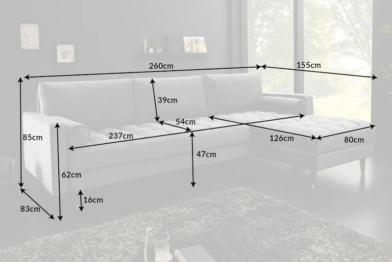 Ecksofa 260cm Ottomane beidseitig COMFORT grau Samt Federkern