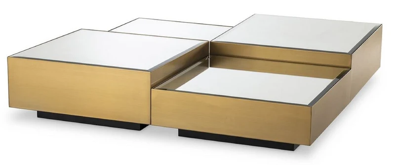 Casa Padrino Luxus Edelstahl Couchtisch Set mit Spiegelglas Tischplatten Messingfarben / Schwarz - Wohnzimmer Möbel - Luxus Möbel