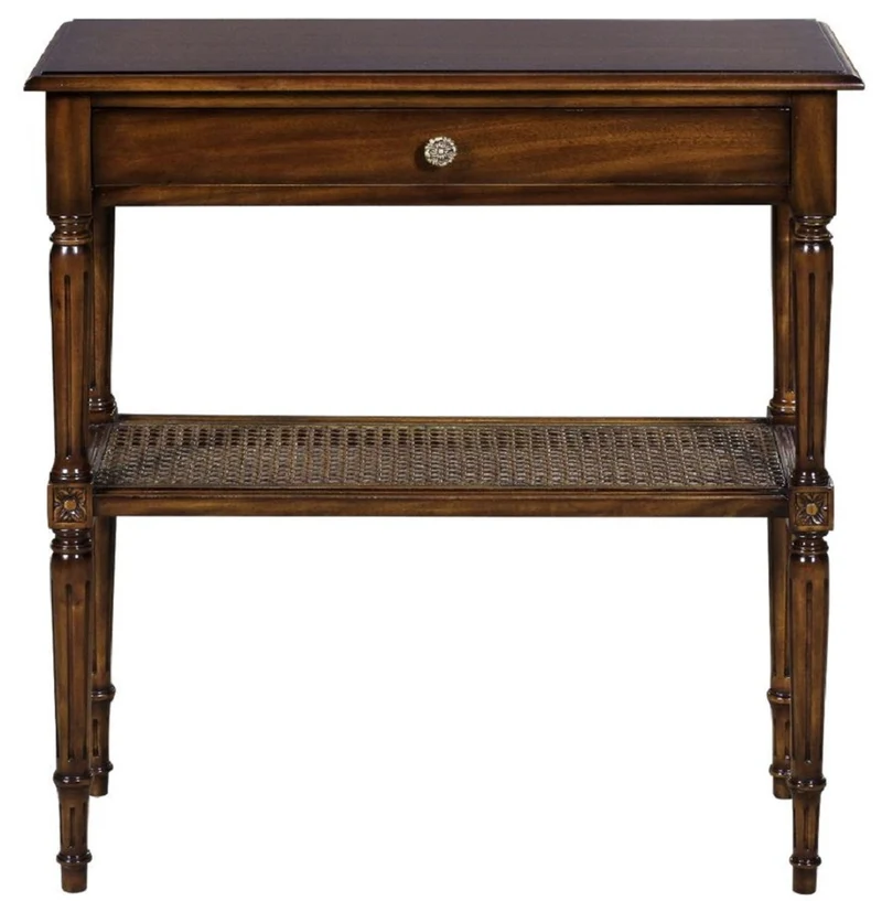 Casa Padrino Luxus Jugendstil Nachtkommode Braun 71 x 28 x H. 76 cm - Eleganter Massivholz Nachttisch - Beistelltisch mit Schublade und Rattan Regal - Schlafzimmer Möbel