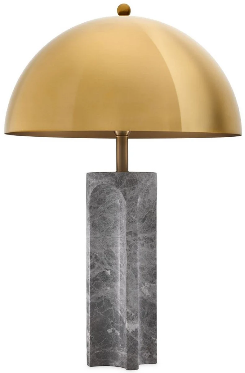 Casa Padrino Luxus Tischleuchte Grau / Antik Messingfarben Ø 50 x H. 76 cm - Moderne Marmor Schreibtischleuchte mit rundem Metall Lampenschirm - Luxus Leuchten