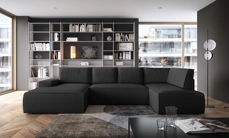 Ecksofa mit Schlaffunktion Farese New U-förmig mit Stauraum, linksseitig, schwarz, Cordstoff