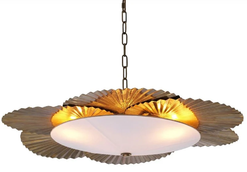 Casa Padrino Luxus Kronleuchter Palmenblätter Vintage Messing / Weiß Ø 95 x H. 18 cm - Hotel & Restaurant Kronleuchter - Luxus Kollektion