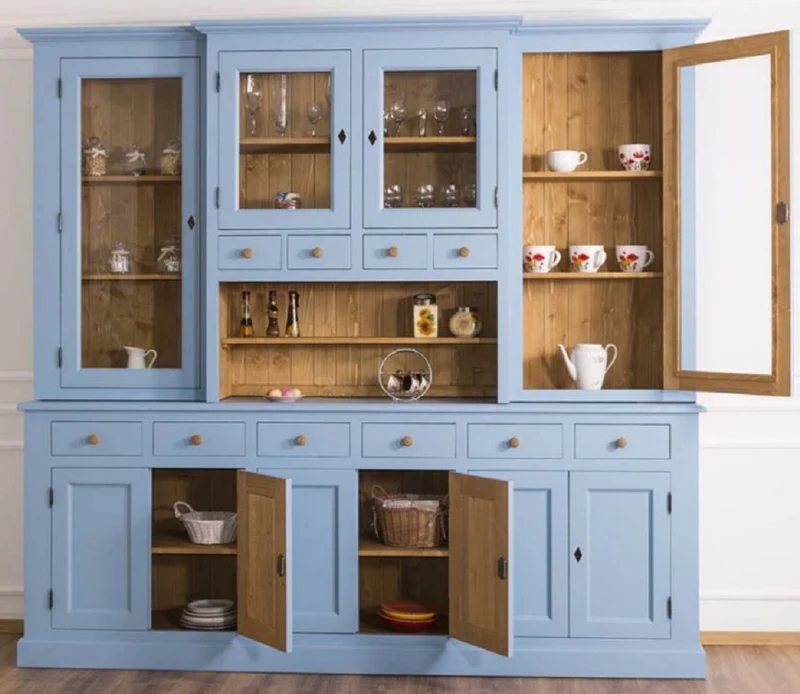 Casa Padrino Landhausstil Esszimmerschrank Hellblau / Naturfarben 245 x 47 x H. 225 cm - Massivholz Küchenschrank - Esszimmer Möbel im Landhausstil - Landhausstil Esszimmer Einrichtung
