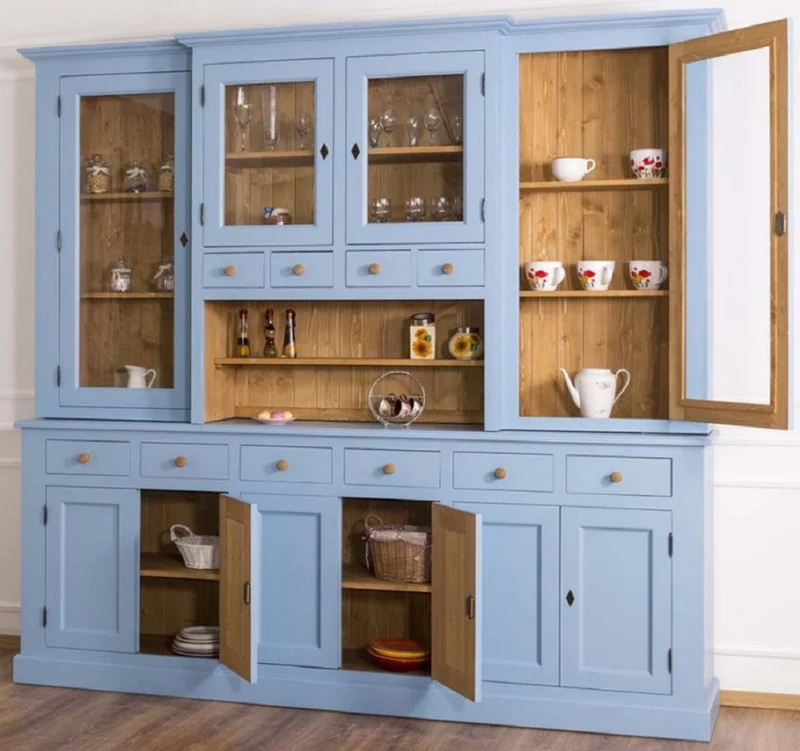 Casa Padrino Landhausstil Esszimmerschrank Hellblau / Naturfarben 245 x 47 x H. 225 cm - Massivholz Küchenschrank - Esszimmer Möbel im Landhausstil - Landhausstil Esszimmer Einrichtung