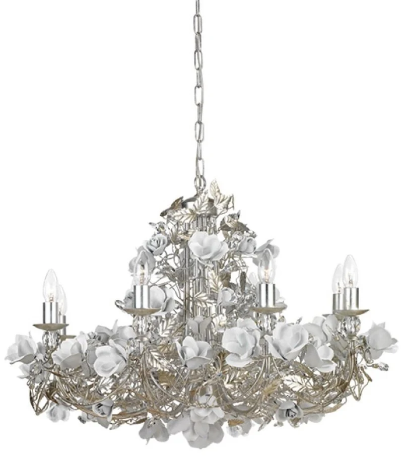 Casa Padrino Luxus Jugendstil Kronleuchter mit Swarovski Kristallglas Rosen Silber / Weiß Ø 85 x H. 60 cm - Barock & Jugendstil Wohnzimmer Kronleuchter - Luxus Qualität - Made in Italy