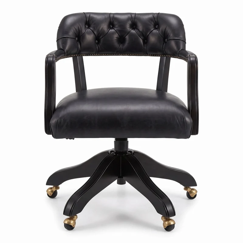 Casa Padrino Luxus Leder Bürostuhl Schwarz / Schwarz 58 x 65 x H. 80-87 cm - Höhenverstellbarer Schreibtischstuhl - Echtleder Drehstuhl - Luxus Möbel - Büro Möbel - Echtleder Möbel - Möbel Luxus