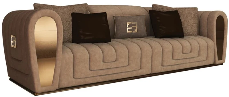 Casa Padrino Luxus Wildleder Sofa mit dekorativen Kissen Taupefarben / Gold 260 x 100 x H. 76 cm - Hotel Möbel - Luxus Qualität - Made in Italy
