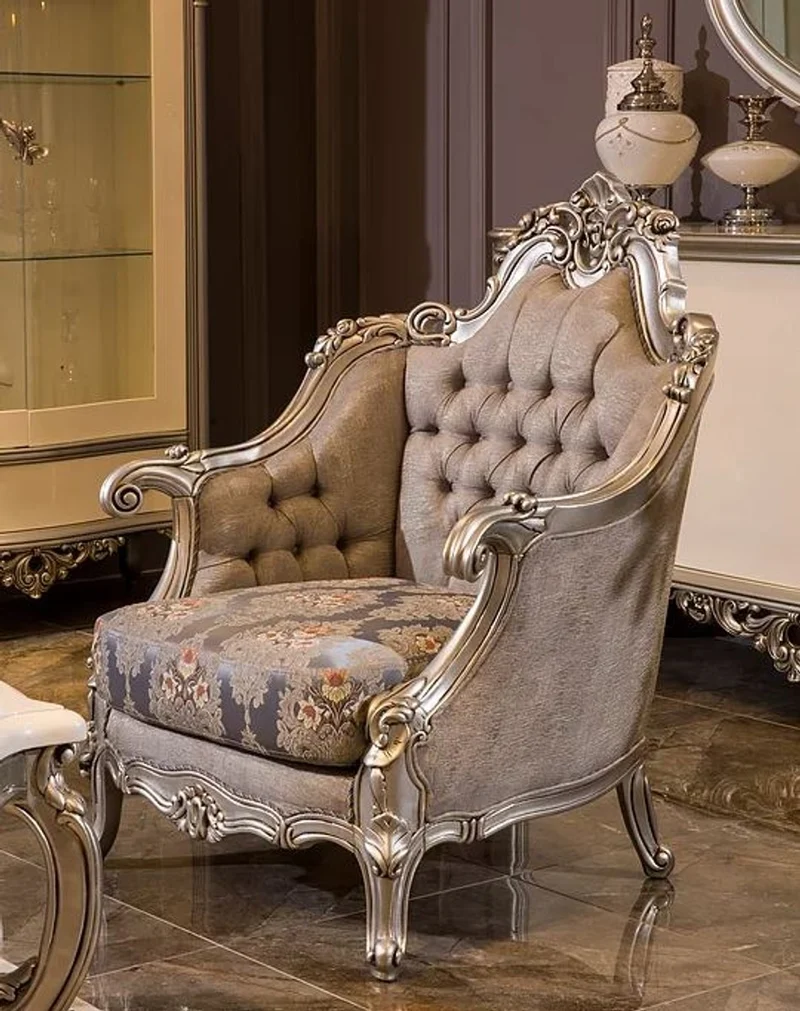 Casa Padrino Luxus Barock Sessel Grau / Blau / Silber 94 x 85 x H. 116 cm - Prunkvoller Wohnzimmer Sessel mit Blumenmuster - Barock Wohnzimmer Möbel