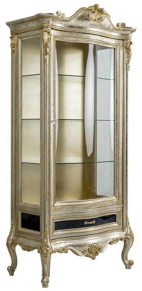 Casa Padrino Luxus Barock Vitrine Silber / Gold - Handgefertigter Massivholz Vitrinenschrank - Barock Wohnzimmer Möbel