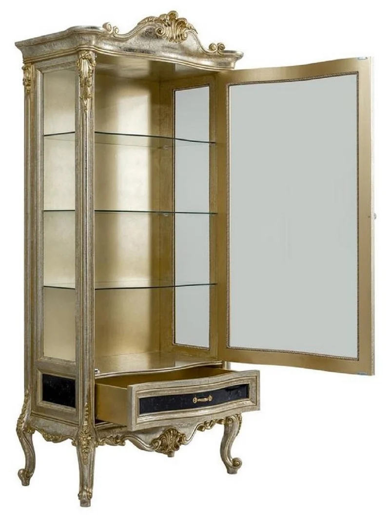 Casa Padrino Luxus Barock Vitrine Silber / Gold - Handgefertigter Massivholz Vitrinenschrank - Barock Wohnzimmer Möbel