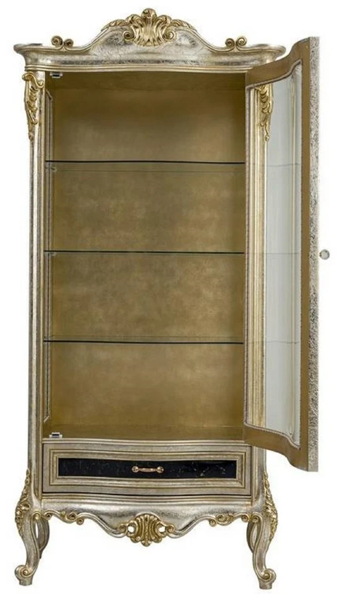 Casa Padrino Luxus Barock Vitrine Silber / Gold - Handgefertigter Massivholz Vitrinenschrank - Barock Wohnzimmer Möbel