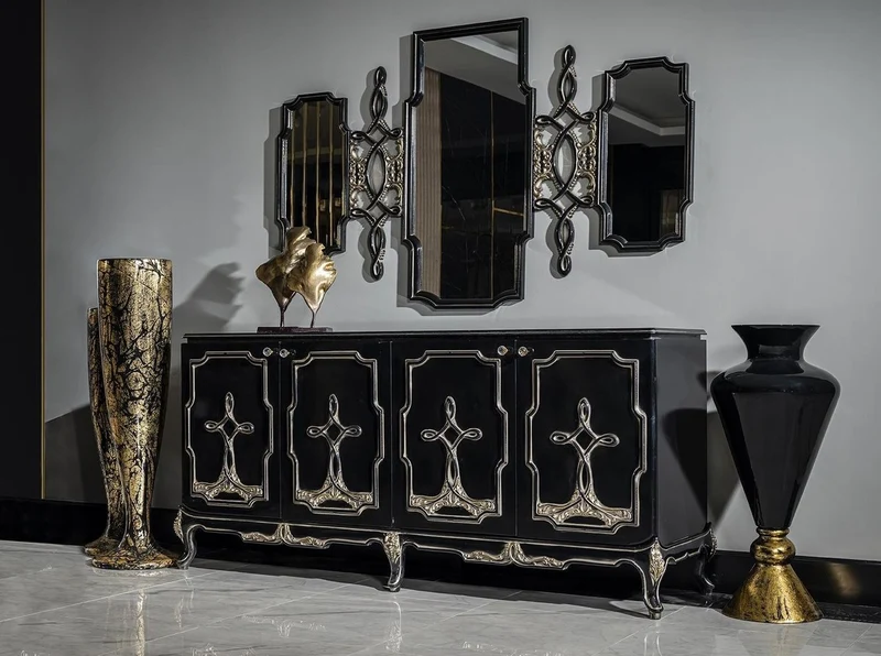 Casa Padrino Luxus Barock Sideboard Schwarz / Gold - Handgefertigter Massivholz Schrank mit 4 Türen - Barock Möbel - Edel & Prunkvoll