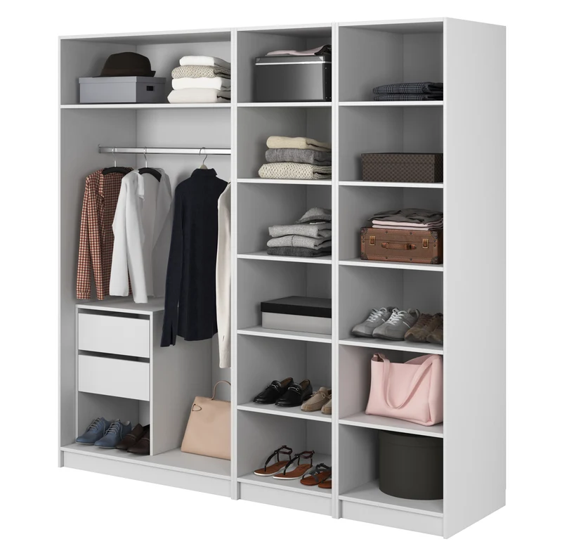 Vier­türiger Kleiderschrank Moonir mit Kleiderstange, Regalen und Container, 200 cm, Weiß