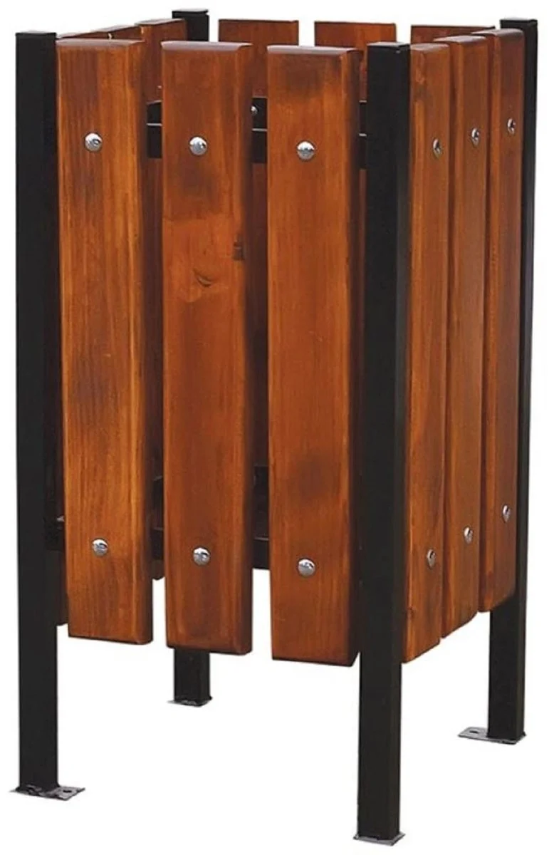 Casa Padrino Luxus Abfallbehälter Dunkelbraun / Schwarz 38 x 38 x H. 70 cm - Massivholz Abfallbehälter mit Stahl Beinen - Garten Mülleimer - Terrassen Mülleimer - Gastronomie Abfallbehälter