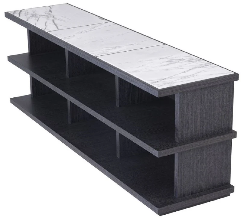 Casa Padrino Luxus Regalschrank Anthrazitgrau / Weiß / Fliederfarben 220 x 55 x H. 80 cm - Edler Massivholz Schrank mit 3 Regalen und Marmorplatten - Luxus Wohnzimmer Möbel
