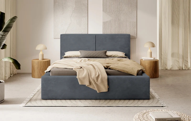 Gepolstertes Bett 140x200 cm Farese mit Stauraum und Gasdruckfeder, grauer Cordstoff