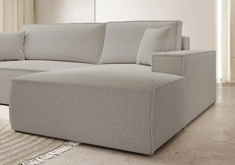 Ecksofa mit Schlafunktion Farese New L-förmig mit Stauraum, braunes Bouclé, rechtsseitig