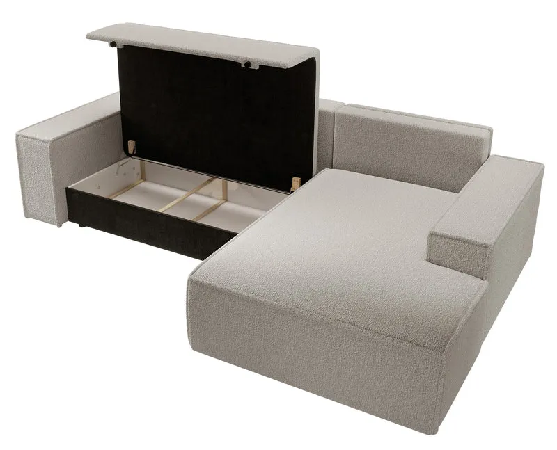 Ecksofa mit Schlafunktion Farese New L-förmig mit Stauraum, braunes Bouclé, rechtsseitig