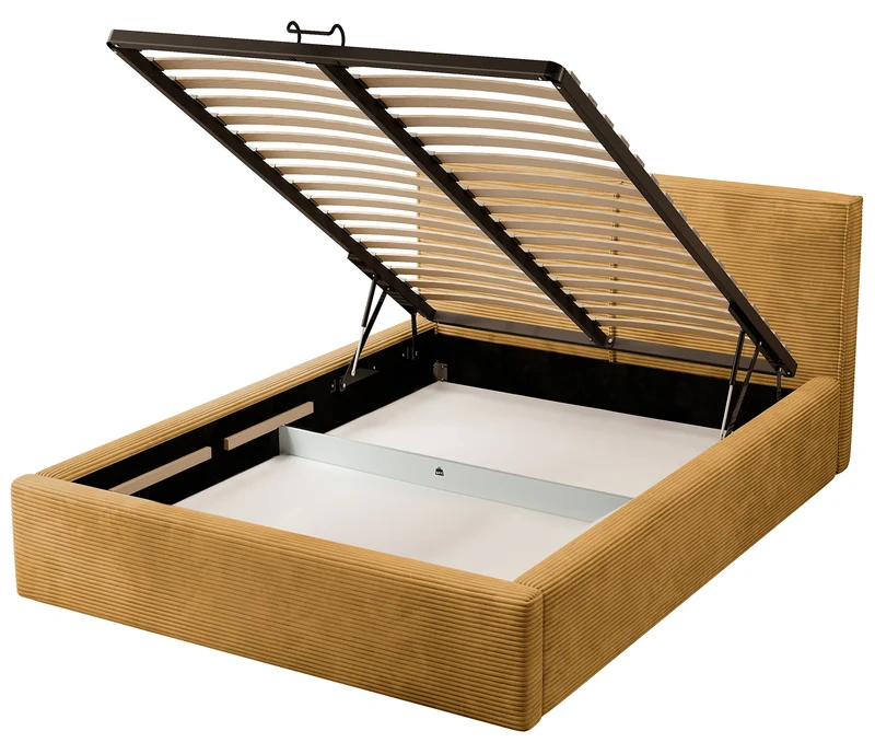 Gepolstertes Bett 140x200 cm Farese mit Stauraum und Gasdruckfeder, senfgelb aus Cordstoff
