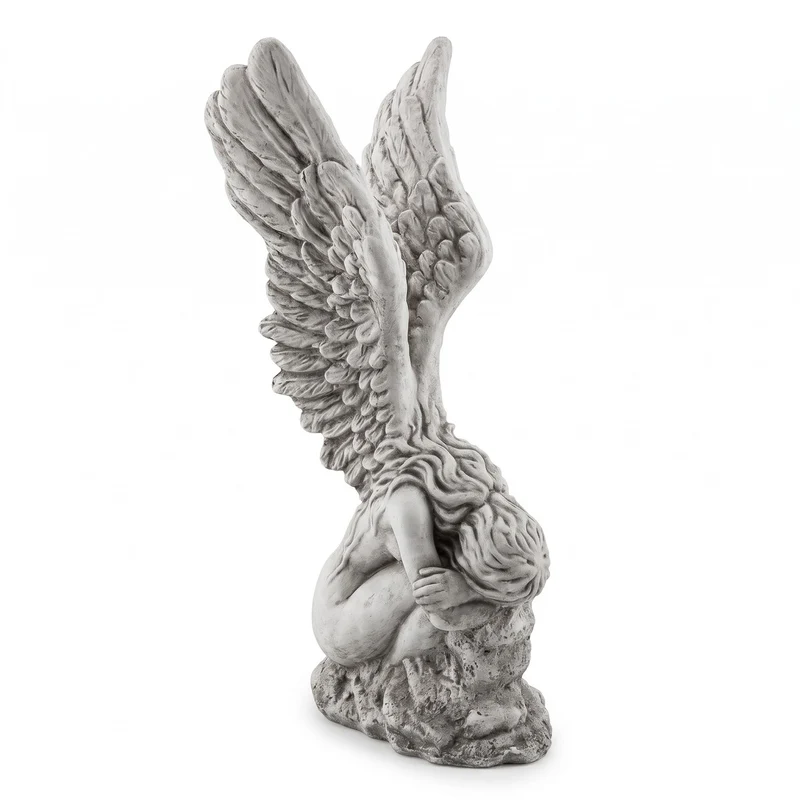 Casa Padrino Barock Deko Skulptur Frau mit Flügel Weiß / Grau 56 x 63 x H. 110 cm - Garten Deko Stein Figur - Barock Garten & Terrassen Deko Accessoires