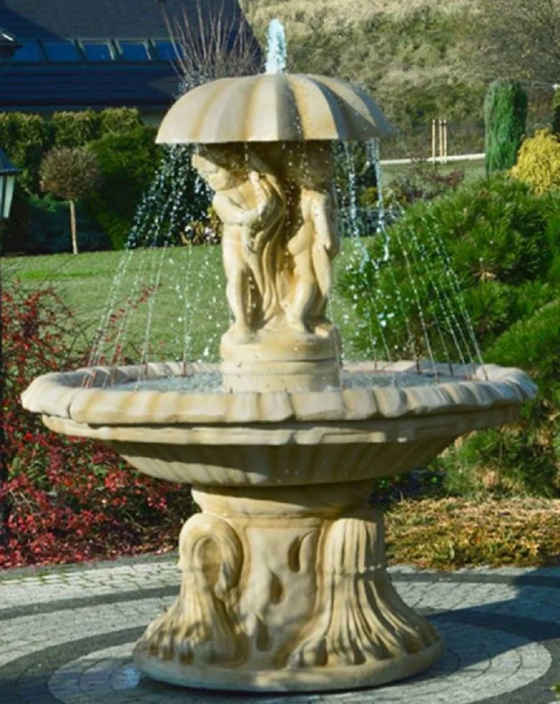 Casa Padrino Jugendstil Springbrunnen Kinder mit Regeschirm Sandfarben Ø 155 x H. 176 cm - Prunkvoller Gartenbrunnen - Gartendeko Brunnen - Barock & Jugendstil Garten Deko Accessoires