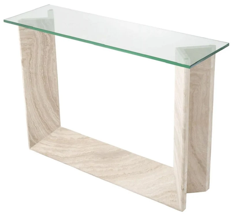 Casa Padrino Luxus Konsole Beige 120 x 37 x H. 83,5 cm - Rechteckiger Travertin Konsolentisch mit Glasplatte - Wohnzimmer Möbel - Hotel Möbel - Luxus Möbel - Luxus Einrichtung - Möbel Luxus