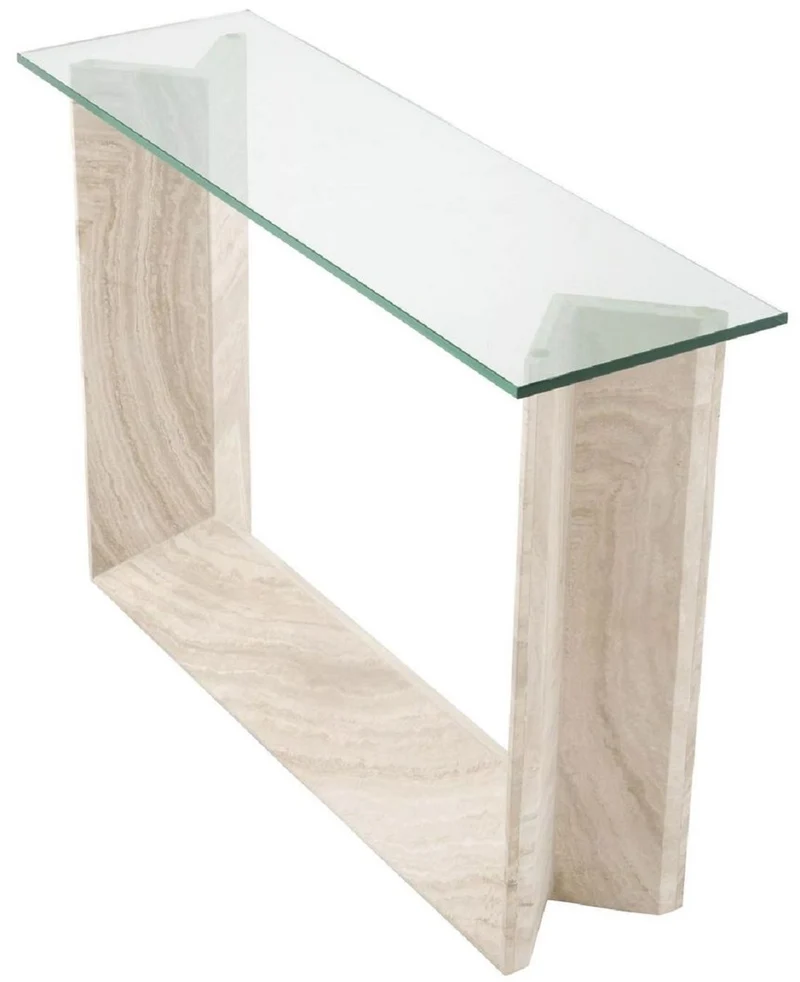 Casa Padrino Luxus Konsole Beige 120 x 37 x H. 83,5 cm - Rechteckiger Travertin Konsolentisch mit Glasplatte - Wohnzimmer Möbel - Hotel Möbel - Luxus Möbel - Luxus Einrichtung - Möbel Luxus