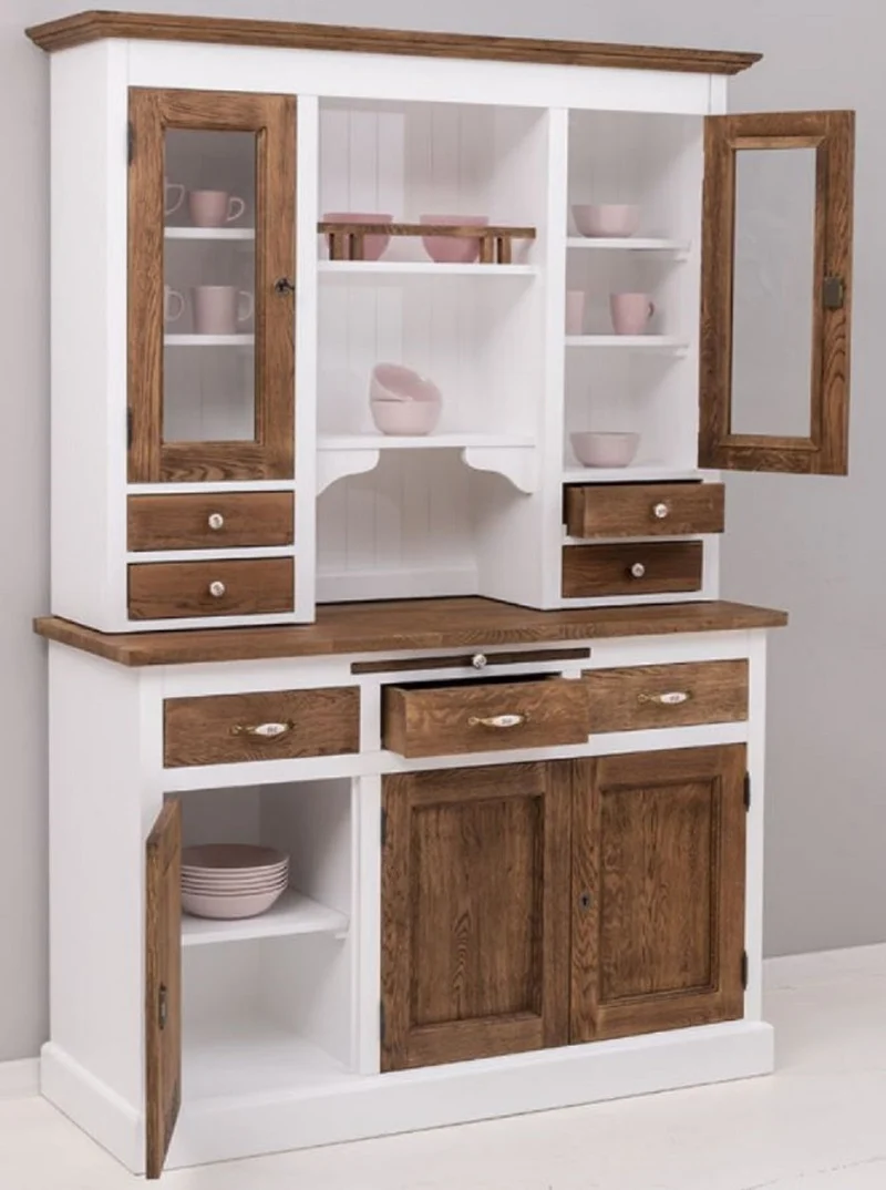 Casa Padrino Landhausstil Esszimmerschrank Weiß / Dunkelbraun 137 x 50 x H. 197 cm - Massivholz Küchenschrank - Esszimmer Möbel im Landhausstil - Landhausstil Esszimmer Einrichtung