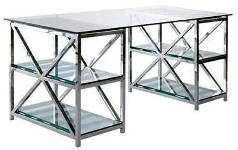 Casa Padrino Luxus Schreibtisch Silber 175 x 79 x H. 76 cm - Metall Bürotisch mit Glasplatten - Computertisch - Luxus Büro Möbel