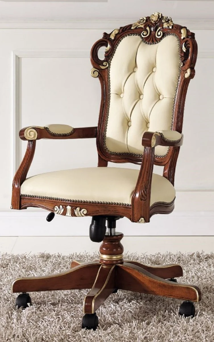 Casa Padrino Luxus Barock Bürostuhl Beige / Braun / Gold 57 x 48 x H. 107-117 cm - Höhenverstellbarer Schreibtischstuhl mit Echtleder - Barock Büro Möbel - Luxus Qualität - Made in Italy