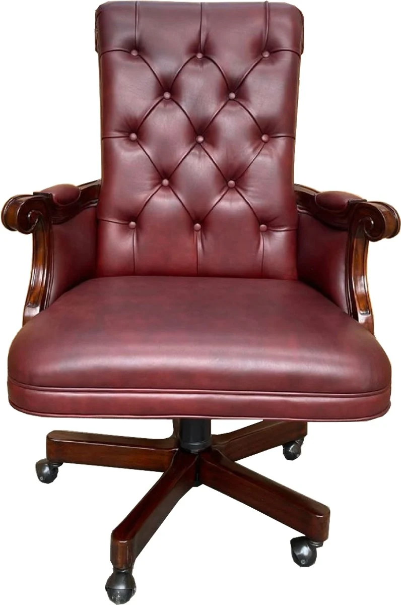 Casa Padrino Luxus Chesterfield Leder Bürostuhl Bordeauxrot / Dunkelbraun 71 x 76 x H. 114 cm - Höhenverstellbarer Echtleder Schreibtischstuhl - Chesterfield Möbel - Echtleder Möbel - Luxus Möbel