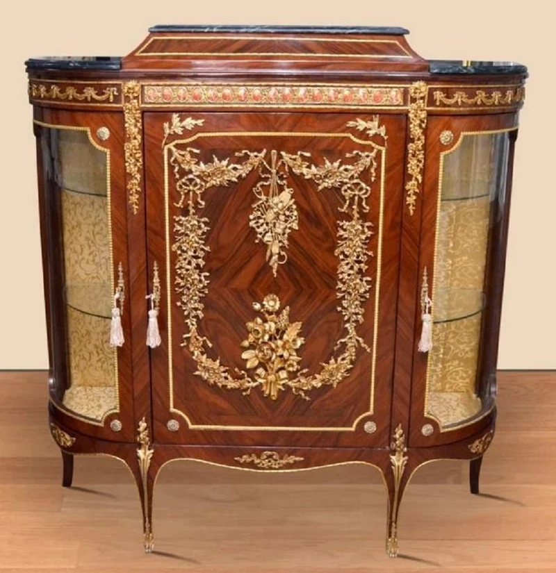 Casa Padrino Barock Sideboard Braun / Gold / Schwarz - Handgefertigter Massivholz Schrank mit 3 Türen und Marmorplatten - Barock Wohnzimmer Möbel